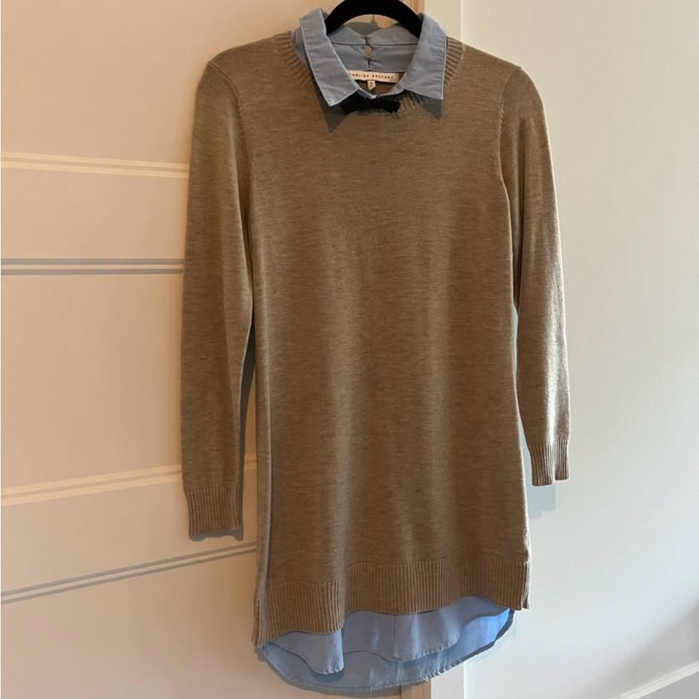 PRE-OWNED English Factory Tan Sweater Dress with Blue Collar | S
